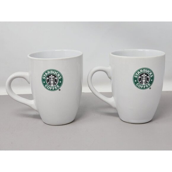 Starbucks Coffee White Ceramic Mugs Set Of 2 With Green Logo 12 Oz Capacity - Picture 3 of 9